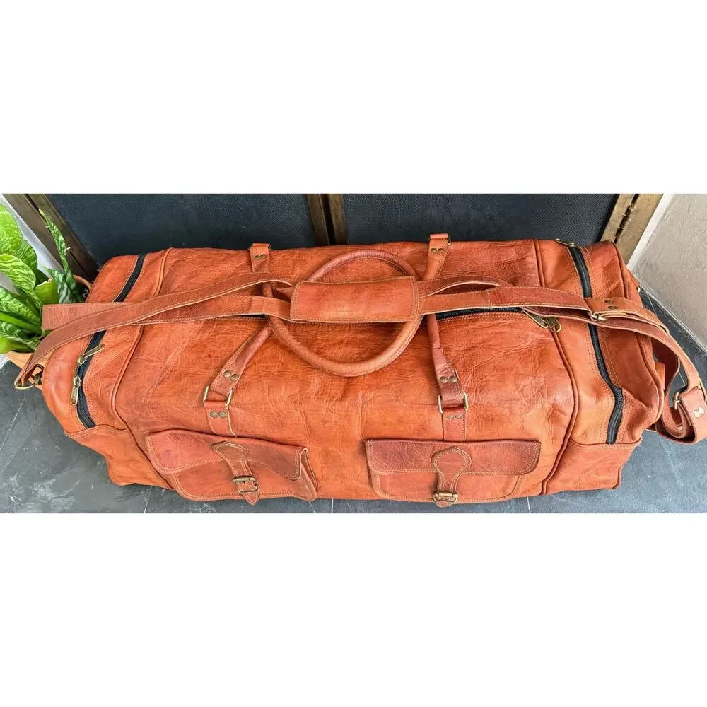 Komal’s Passion Leather Large Weekender Duffel Bag Brown Carry-On Travel Bag